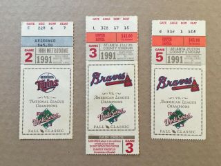 1991 World Series Ticket Stubs Games 2,  3 And 5,  Minnesota Twins Atlanta Braves