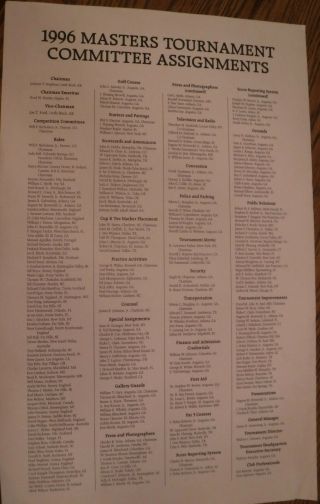 Augusta National Golf Club Print Of 1996 Masters Tournament Assignments