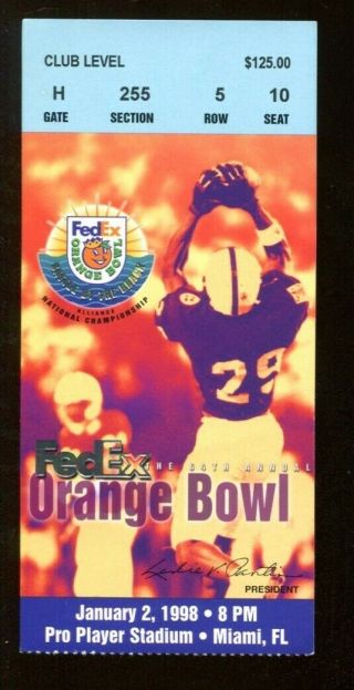 1998 Orange Bowl Ticket Tennessee V Nebraska Peyton Manning Last Game Nmt 54747