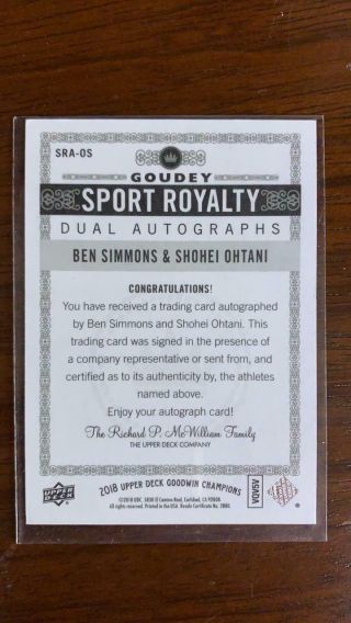 2018 UD Goudey Ben Simmons and Shohei Othani Dual AUTO Sport Royalty 2