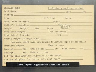 Official 1940s Chicago Cubs Tryout Application For Minor League Baseball Team