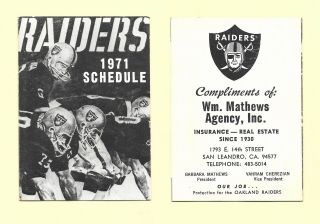 1971 Oakland Raiders Folding Schedule - Sponsor Is Wm Mathews