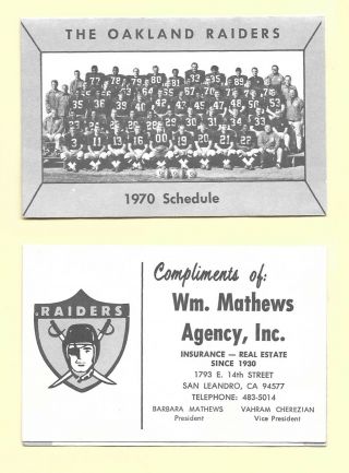 1970 Oakland Raiders Schedule - Team Photo - Sponsor Mathews - John Madden Pic
