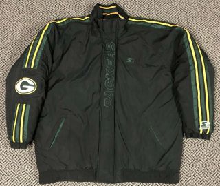 Vintage Starter Pro Line Green Bay Packers Coat Winter Puffer Jacket Xxl Black