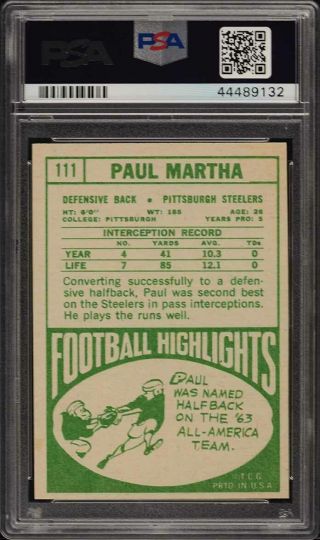 1968 Topps Football Paul Martha 111 PSA 9 (PWCC) 2