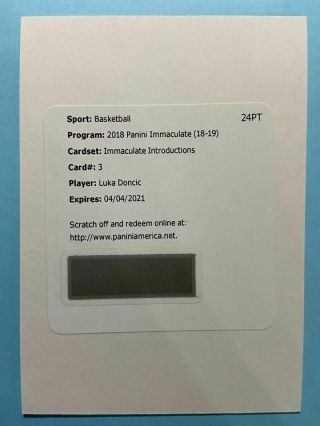 2018 - 19 Immaculate Introductions Autograph Auto Redemption Luka Doncic Rc /99