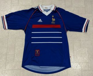 Vintage Fff Adidas France 1998 Home World Cup Soccer Jersey Zidane Shirt Siz S