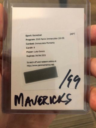 Luka Doncic 2018 - 19 Immaculate Moments Auto/99 Redemption Card 9 