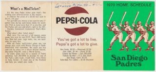 1970 San Diego Padres Pocket Home Schedule Pepsi - Cola Rare Variation Vintage Mlb