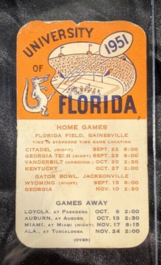 Rare 1951 University Of Florida Gators Football Pocket Schedule 2.  25 " X 4 "
