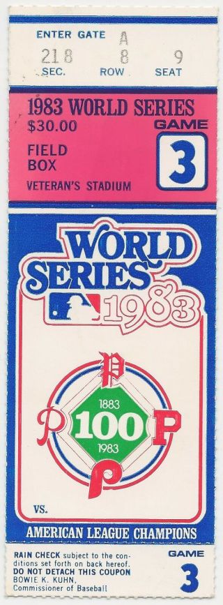 1983 World Series Baseball Ticket Game 3 Baltimore Orioles/philadelphia Phillies
