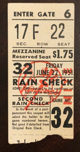 1951 Rookie Mickey Mantle Ticket Stub Yogi Berra Hr 86 York Yankees 6/22/51
