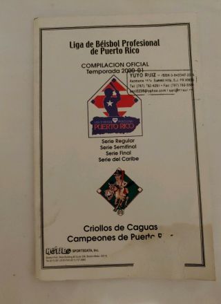 Beisbol De Puerto Rico.  Liga De Béisbol Profesional.  Temporada.  2000,  01