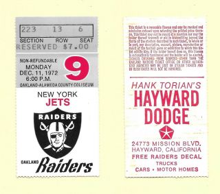 1972 Oakland Raiders Vs York Jets Ticket Stub At The Oakland Coliseum