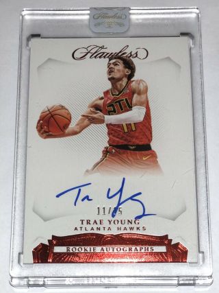 Trae Young 2018 - 19 Panini Flawless Ruby Rookie Auto 11/15 Hawks Encased Sp
