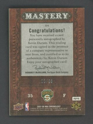 2007 - 08 UD Chronology Mastery Canvas Kevin Durant Supersonics RC Rookie AUTO /25 2
