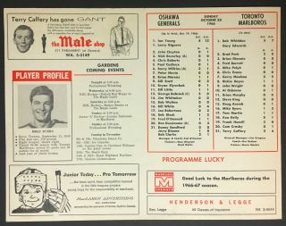 1966 Maple Leaf Gardens Oha Hockey Program Marlboros V Oshawa Generals Vtg