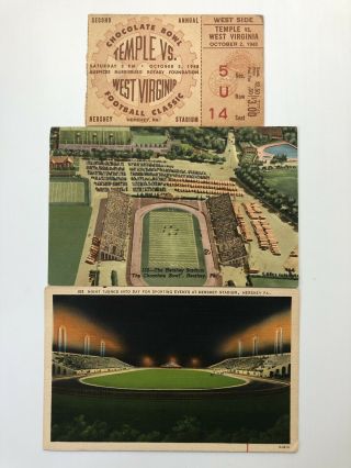 Hershey Stadium 1948 Chocolate Bowl Football Temple Vs Wvu Ticket,  2 Postcards