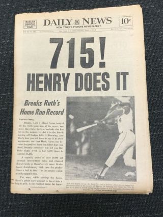 Hank Aaron - 715 Home Runs - Baseball - 1974 York Daily News Newspaper