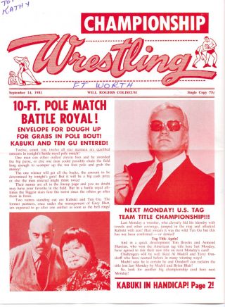 Championship Wrestling Program 9 - 14 - 81 Pole Match September 14 1981
