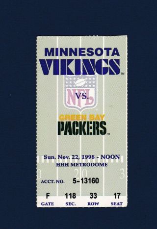 Minnesota Vikings Vs Green Bay Packers 1998 Football Ticket Stub Cunningham 3 - Td