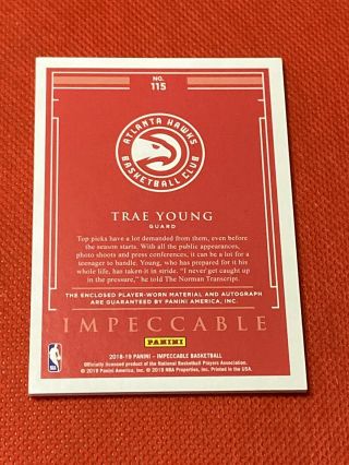 2018 - 19 Impeccable Trae Young 2 Color Rookie Patch Auto 21/99 RPA Hawks 2