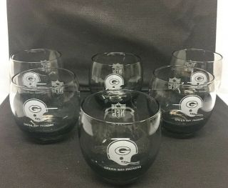 Set Of 6 Vintage Nfl Green Bay Packers Cocktail Glasses 3 1/4 " Tall Smoked Glass