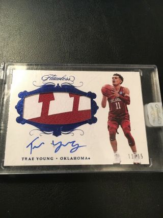 2018 - 19 Flawless Trae Young 11/15 Sapphire Rookie Logo Patch Auto Jersey