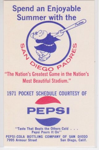 1971 San Diego Padres Pocket Schedule Pepsi - Cola Single Two - Sided Variation Rare