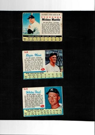 1961 Post Mickey Mantle,  Roger Maris And Whitey Ford Hall Of Fame Yankees