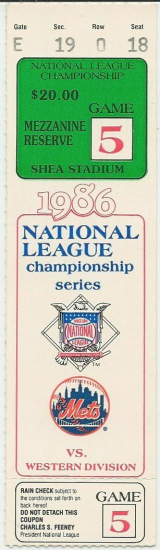 1986 Mlb Baseball Nlcs Game 5 Playoff Ticket - York Mets Vs Houston Astros
