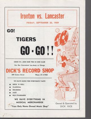 Ironton Tigers High School Football Game Program From 1959 Ironton,  Ohio