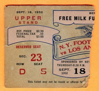 1952 Giants/rams Football Ticket Stub - 9/18/52