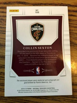 2018 - 19 National Treasures Collin Sexton 108 RPA 62/99 Rookie Patch Autograph 2