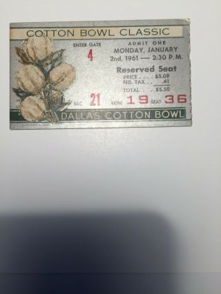 1961 Cotton Bowl Classic Football Ticket Stub Arkansas Vs Duke Good/v Good Cond