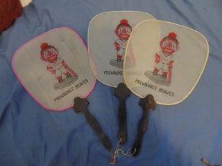 Milwaukee Braves Set Of 3 Fans Vintage 1950s/60s Pink,  Yellow,  Light Blue