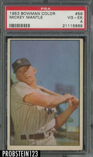 1953 Bowman Color 59 Mickey Mantle York Yankees Hof Psa 4 Vg - Ex