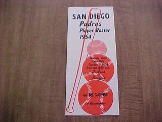 1954 San Diego Padres Pacific Coast League Baseball Player Roster.