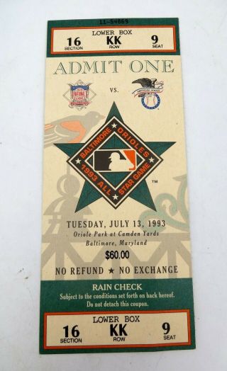 Baltimore Orioles 1993 All Star Game Ticket - Full Ticket
