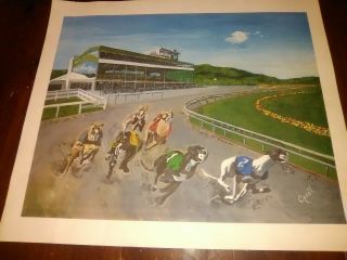 Green Mountain Race Park.  Greyhound Racing Paint Print 1970s 21 " By 18 1/8 "