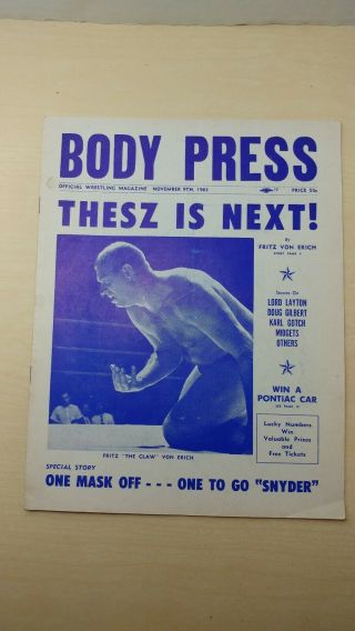 1963 11/9 Body Press Wrestling Program - Cobo Detroit - Fritz The Claw Von Erich