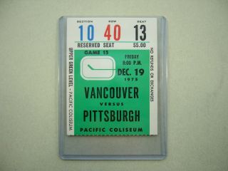 1975/76 Vancouver Canucks Pittsburgh Penguins Ticket Stub Sharp,  Mk Rick Kehoe