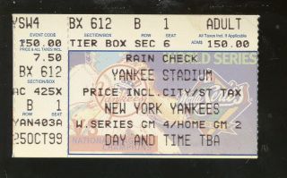 1999 World Series Ticket Stub Braves At York Yankees Game 4 Clincher Nrmt