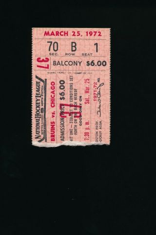 March 25,  1972 Bobby Hull 600th Goal Ticket Stub Chicago Blackhawks Vs.  Bruins