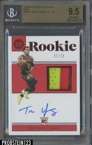 2018 - 19 Panini Encased Red Trae Young Rpa Rc 3 - Color Patch Auto /25 Bgs 9.  5