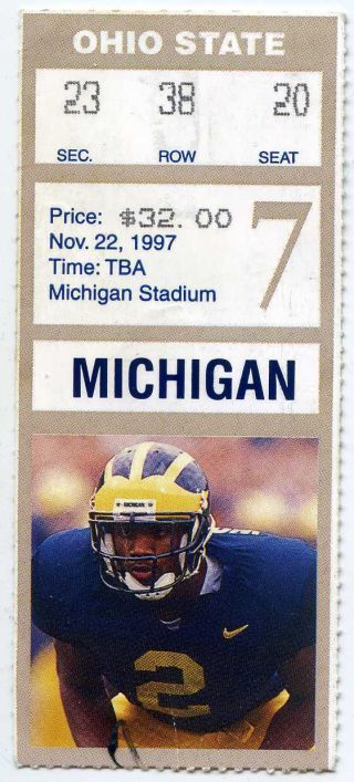 1997 Michigan Wolverines Vs.  Ohio State College Football Ticket Stub Woodson