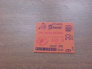 1977 San Diego Padres V Atlanta Braves Baseball Ticket Hank Aaron Day