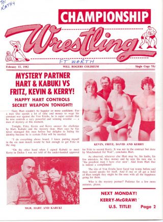 Championship Wrestling Program 2 - 15 - 82 Bundy Von Erich February 15 1982