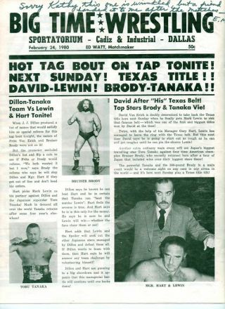 Big Time Wrestling Program 2/24/80 Lewin Vs Tanaka Vintage 1980