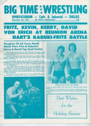 Big Time Wrestling Program 12/20/81 Bundy Monk Shaft,  Vintage 1981